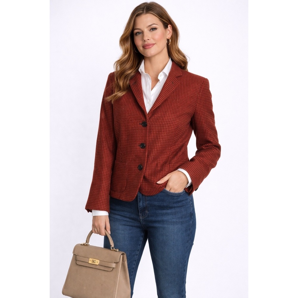 LUCIANO BARBERA Red Black Houndstooth Cashmere Blazer Jacket IT 46 US 10-12